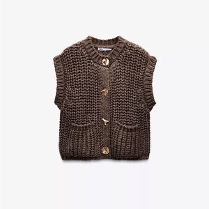 Zara Chunky Brown Knit Vest with Gold Buttons